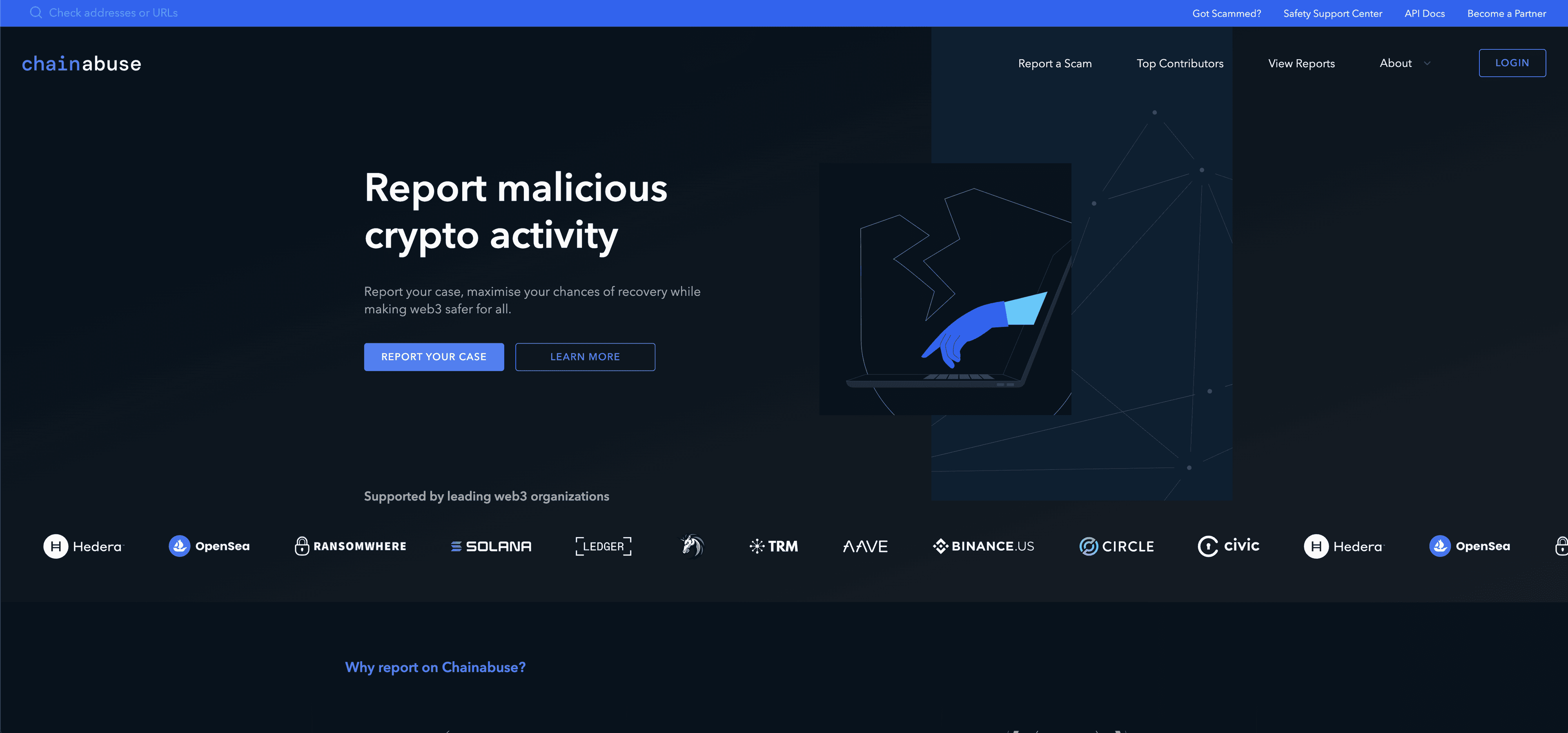 ChainAbuse scam-reporting interface showing report submission and threat intelligence